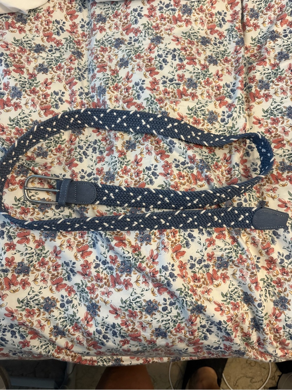 Braided Navy and White Stretch Belt with Leather Accents